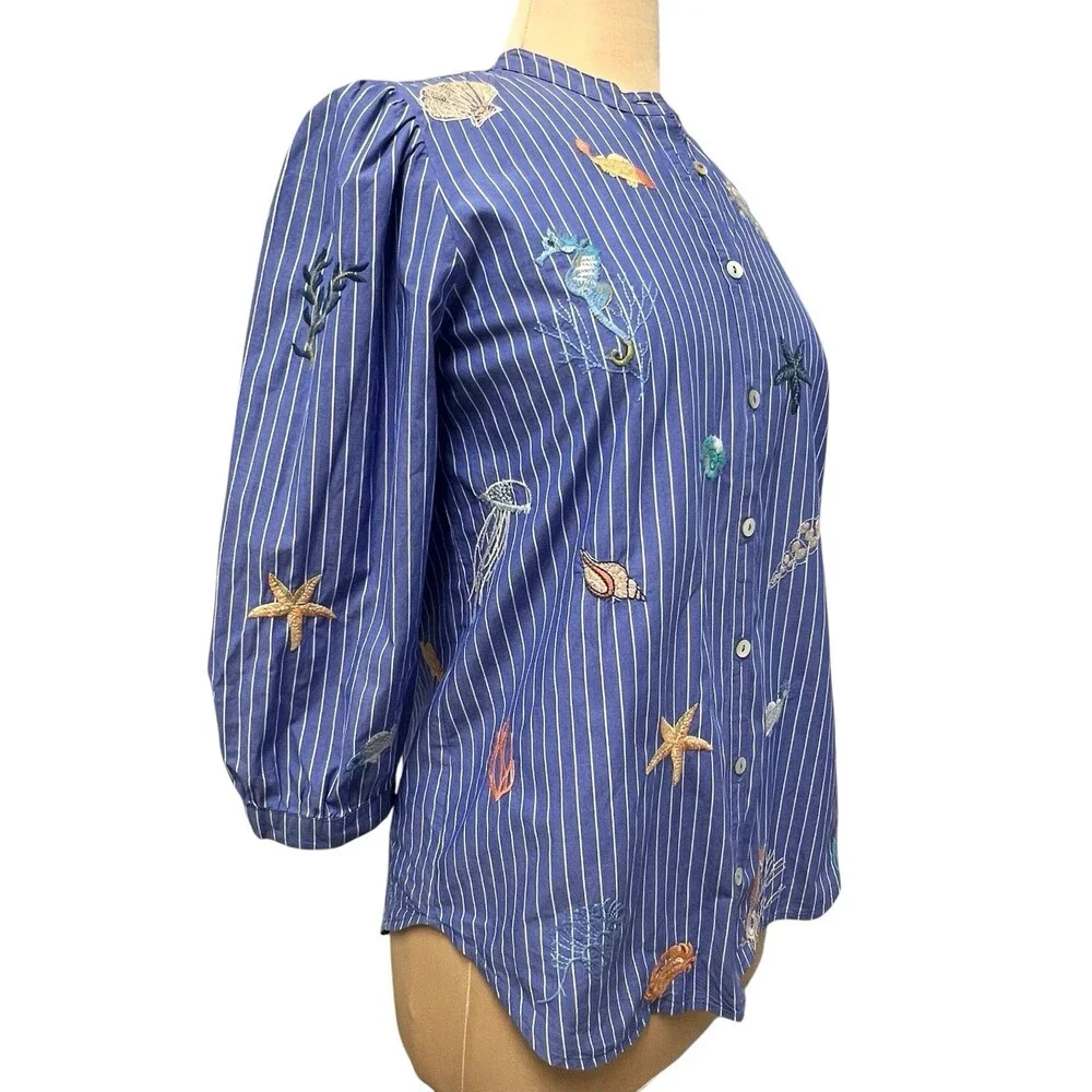 Johnny Was Workshop Striped Blue Embroidered Seashells Ocean Shirt XS Blouse